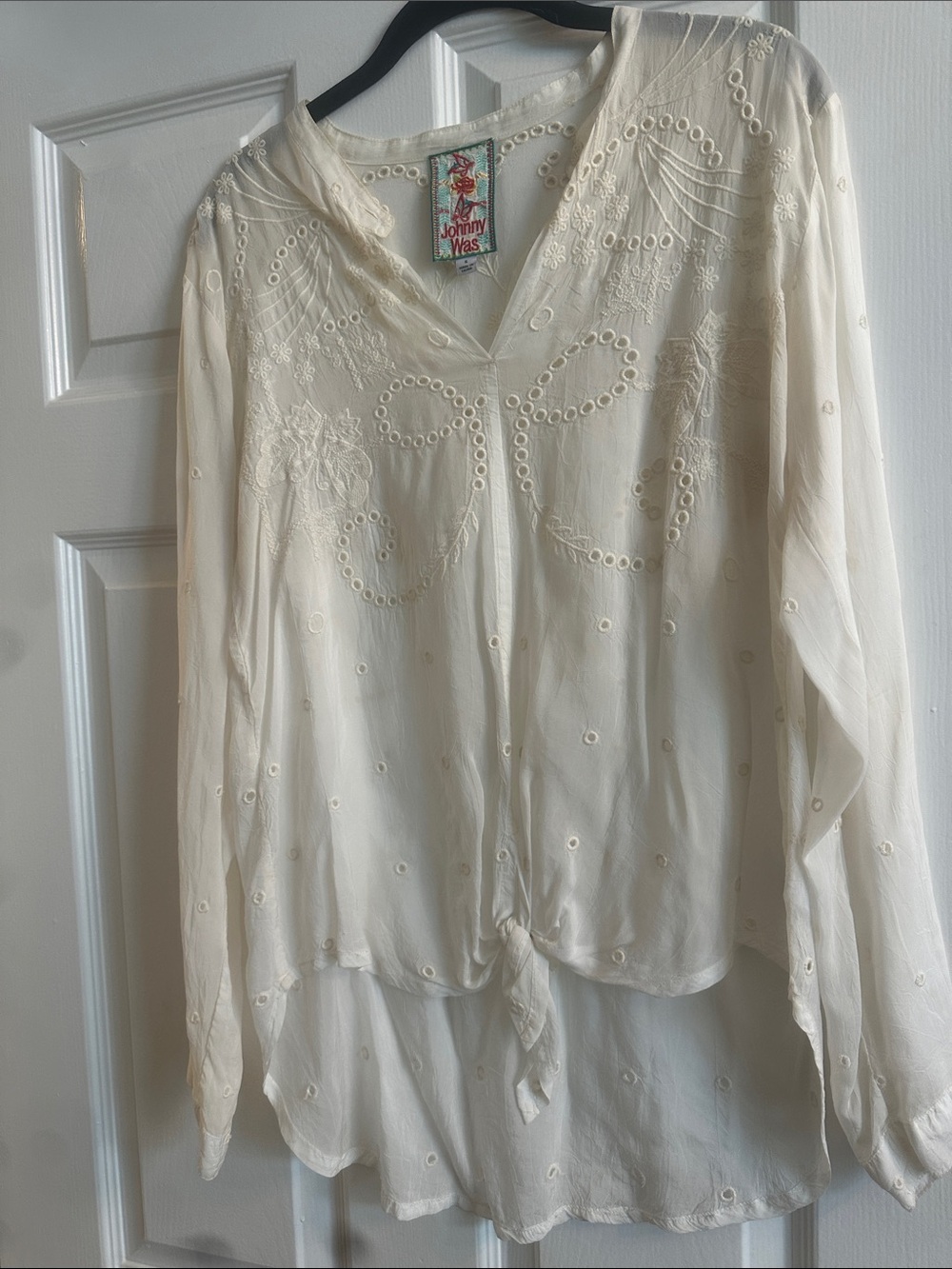 Johnny Was Cream Embroidered V-Neck Tie-Front Blouse